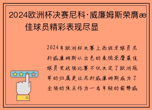 2024欧洲杯决赛尼科·威廉姆斯荣膺最佳球员精彩表现尽显