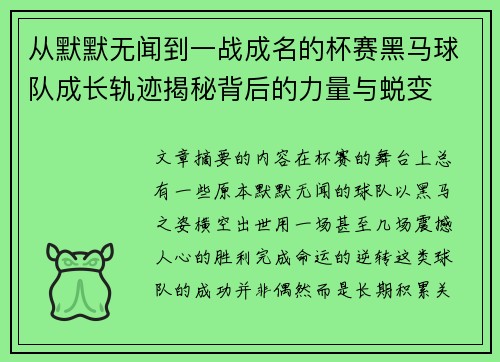 从默默无闻到一战成名的杯赛黑马球队成长轨迹揭秘背后的力量与蜕变 从默默无闻到一战成名的杯赛黑马球队成长轨迹揭秘背后的力量与蜕变