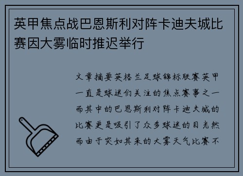 英甲焦点战巴恩斯利对阵卡迪夫城比赛因大雾临时推迟举行