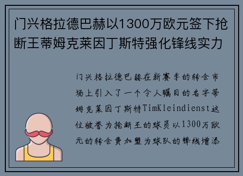门兴格拉德巴赫以1300万欧元签下抢断王蒂姆克莱因丁斯特强化锋线实力